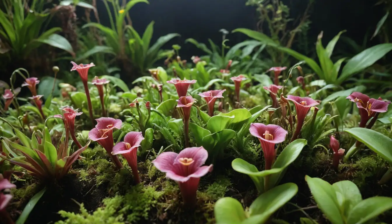 3-5 colorful, carnivorous plants with unique features, such as pitcher-shaped flowers or leaves with sticky traps, surrounded by lush greenery and possibly some insects or small animals getting trapped