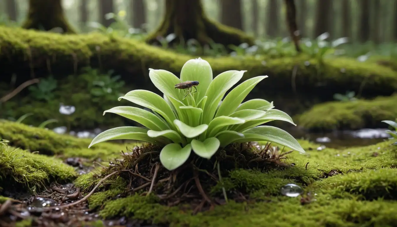 3D illustration of Pinguicula plant with open leaves, sticky tentacles, and a trapped fly or ant, on a soil substrate with moss, near a water droplet or tiny pond, in a shaded forest environment