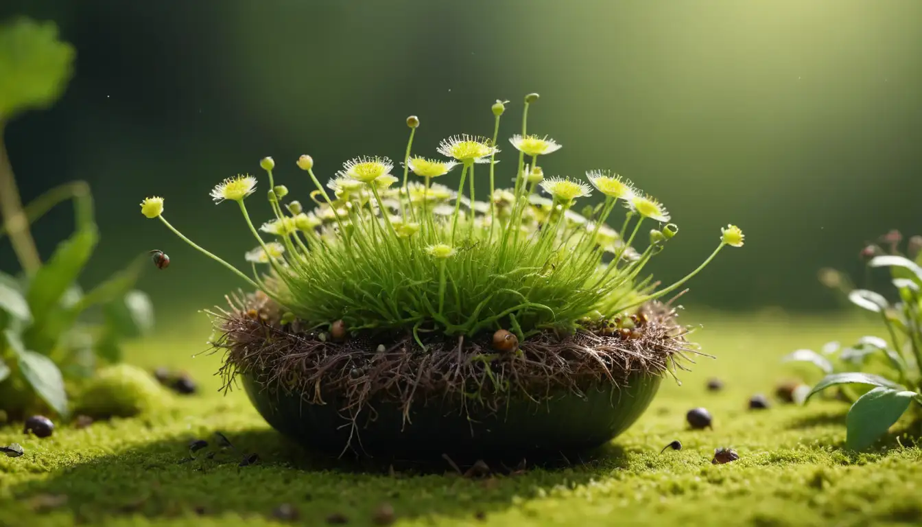 3D illustration of a drosera plant with sticky leaves, surrounded by small insects, including flies and ants, caught in its trap-like structure, with some leaves curled up to form cups or lids, others flat and sticky, in a bright green and yellow environment