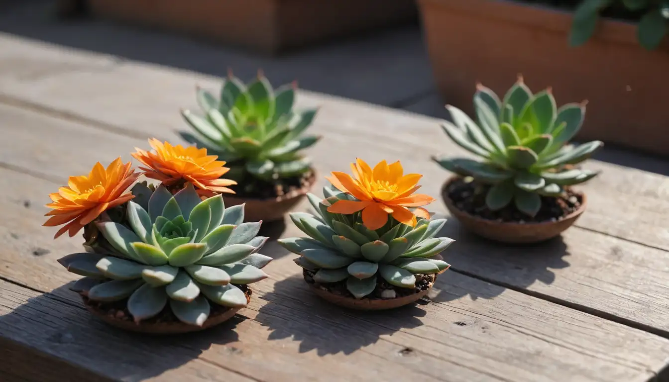 2 succulents on a wooden table, one in bloom with orange flowers, soft warm light, blurred background, gentle humidity, ideal temperature for succulent care (20-25°C), a few small pebbles or decorative stones scattered around the plants, natural texture of soil visible
