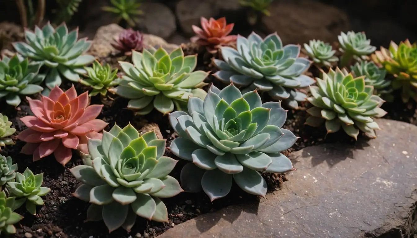 Succulent plants with varying colors and shapes, arranged in a visually appealing way, perhaps on a decorative stone or wooden board, with some soil texture and subtle lighting effects, showcasing a diverse selection of species