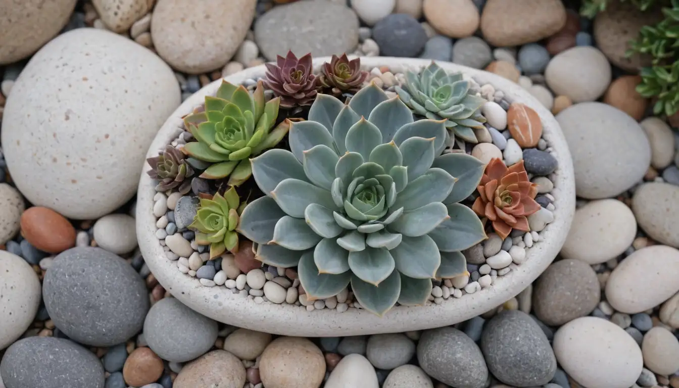 succulents in various shapes, sizes and colors on a white background, surrounded by decorative rocks, pebbles or shells, possibly with a few leaves or stems scattered around, with a sense of natural simplicity and beauty