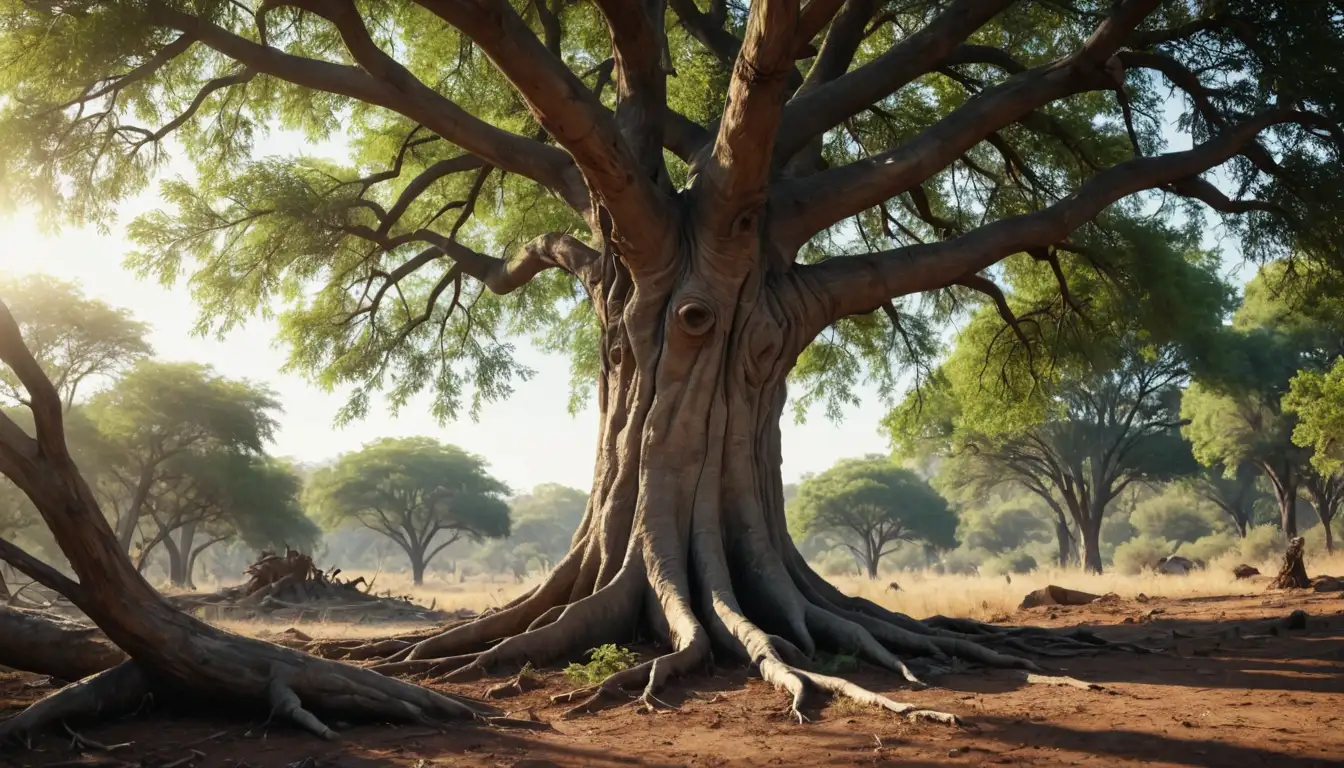 3D illustration of Acacia buffalo tree in natural habitat, roots exposed, trunk with bark texture, leaves scattered around, possibly with insects or animals interacting, sunlit background, earthy colors
