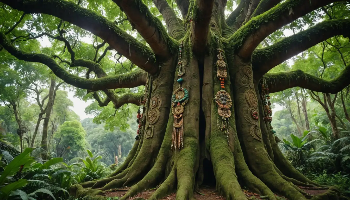 Venerable tree, lush green foliage, sacred symbols, colorful beads, ritualistic objects, ornate carvings, vibrant textiles, ancient figures, mystical energy, spiritual harmony, African culture, rich heritage