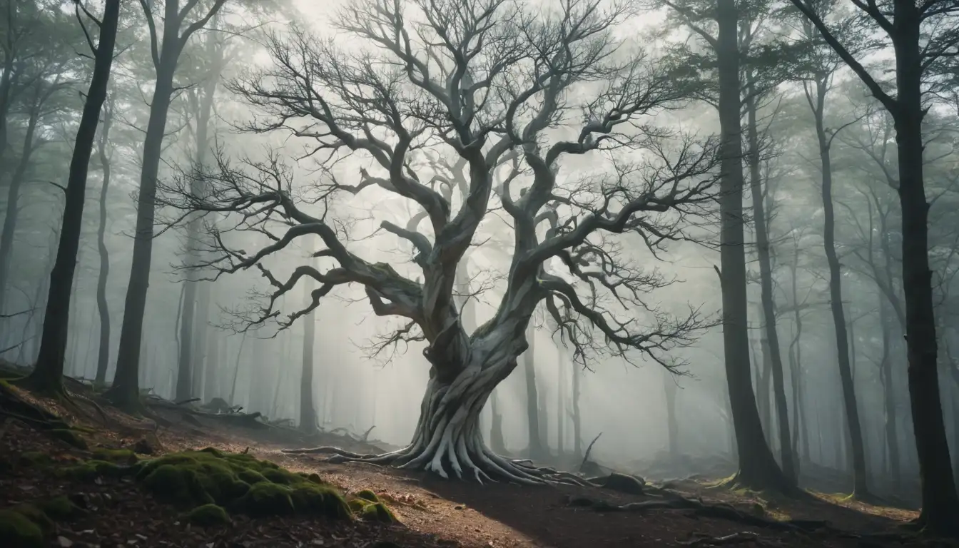 A majestic white tree with twisted branches, standing alone in a misty forest, sunlight filtering through leaves, rugged terrain beneath, subtle shadows and textures, natural world context