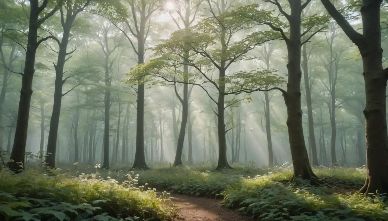 Whimsical, dreamlike illustration featuring a forest scene with albino tree species, including Lycophyta and Ginkgoes, surrounded by delicate mist, soft sunlight filtering through clouds, unique leaf shapes, intricate branching, subtle shadowing, and hints of whimsy and wonder