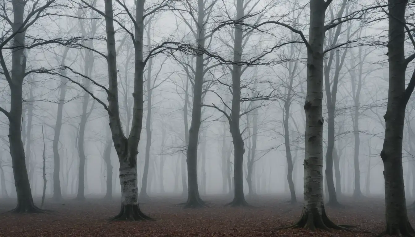 Trees with pale bark, unique shapes, snow-white trunks, twisted branches, sparse leaves, eerie silence, misty background, mysterious atmosphere