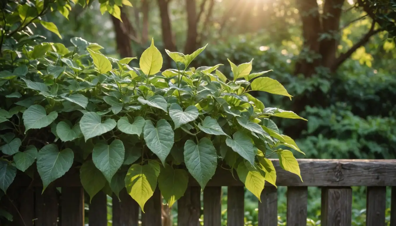 3-4 green leaves on a thick, gnarled stem, surrounded by lush foliage, warm golden light filtering through branches, rustic wooden fence or trellis in background, hint of morning dew