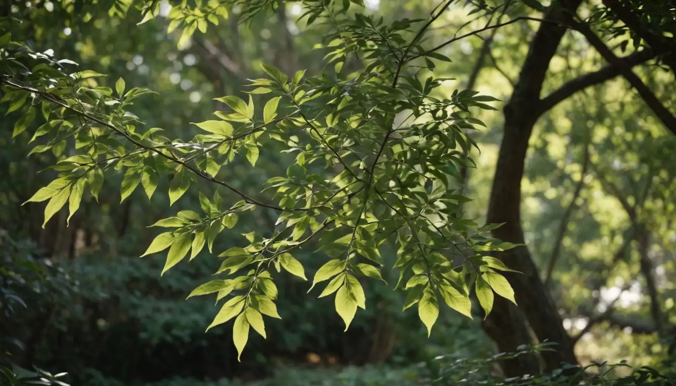 branches with leaves, woody stem, rustic garden setting, overgrown shrubbery, natural beauty, foliage arrangement, trunk silhouette, outdoors scenery, subtle shadows, earthy tones, serene atmosphere