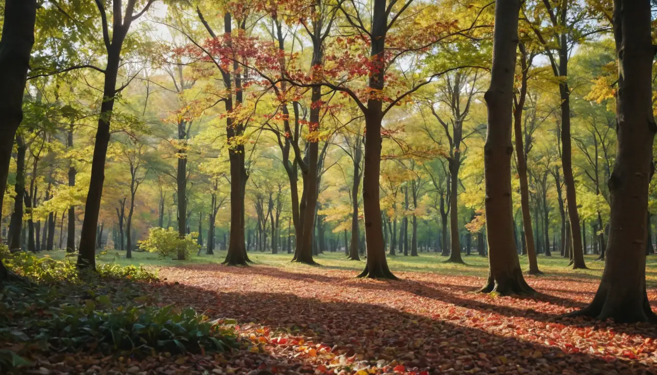 3-5 brightly colored nut-bearing trees with branches stretching up, nuts falling from above, a few scattered on the ground, warm sunlight filtering through leaves, blurred background suggesting tropical environment