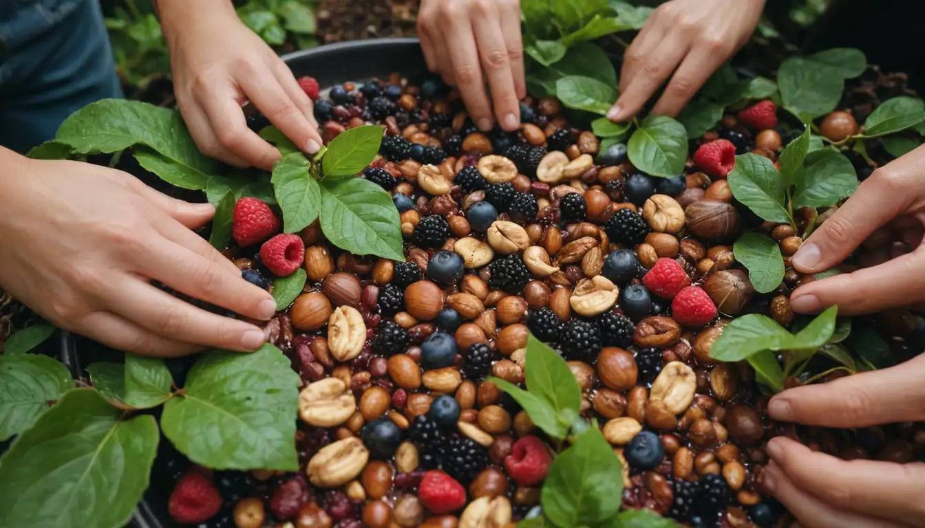 5% water droplets, cajun nut clusters, green leafy plants, brown shells, smiling people eating nuts, vibrant fruits, mixed berries, golden oil spills, and diverse textures