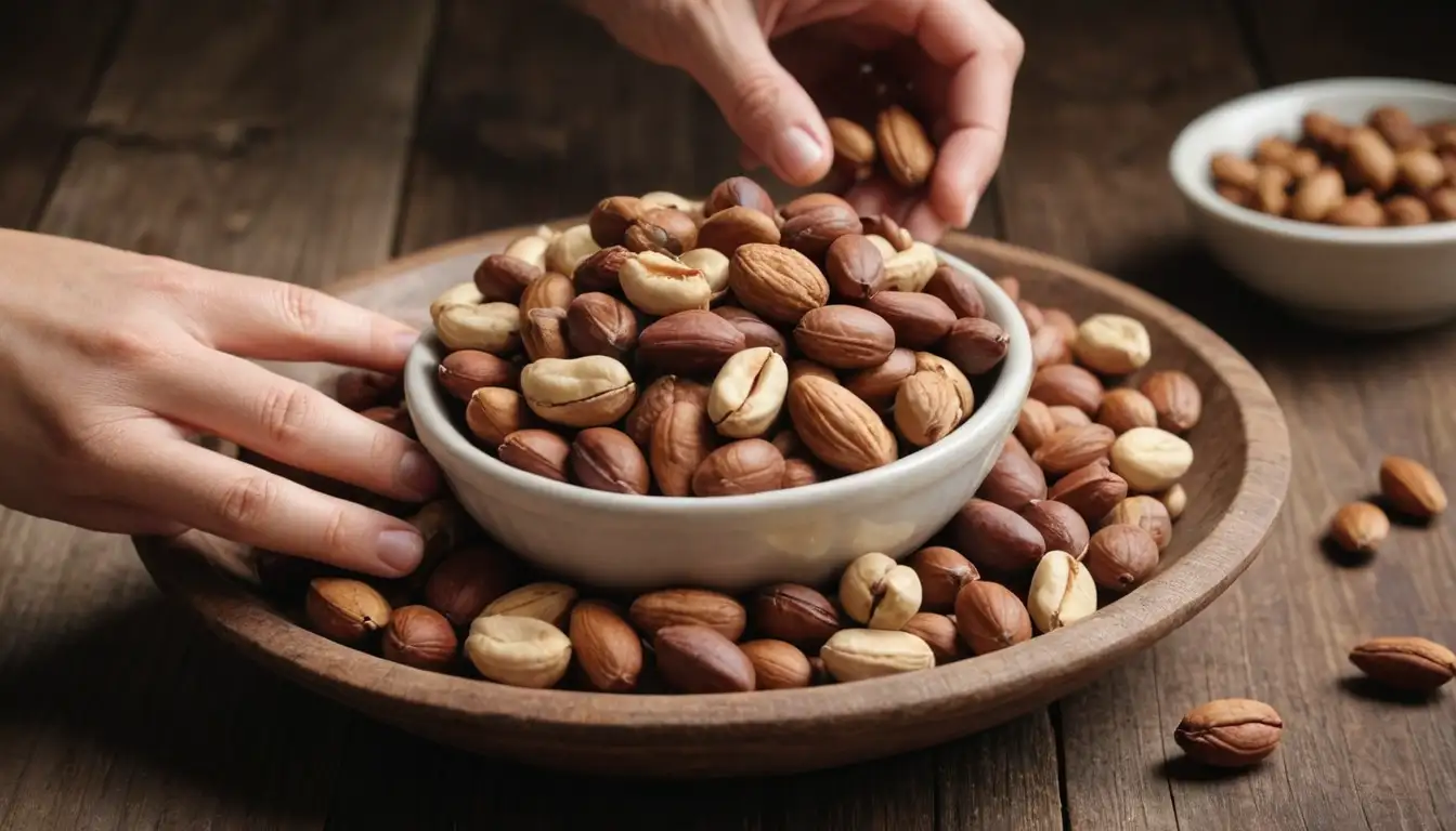 A plate with roasted and salted cajú nuts, varieties of cajú nuts on a rustic wooden background, close-up shot of single cajú nut, bowls or baskets filled with cajú nuts, hand reaching for a handful of cajú nuts, etc