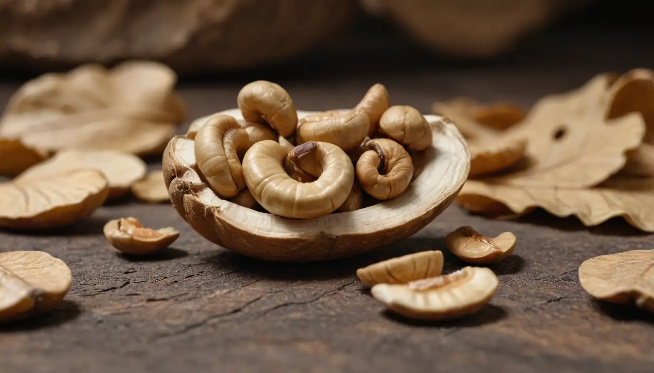 A warm-toned, golden brown cashew shell with a few nuts visible inside, possibly placed on a natural texture like wood or stone, with some dry leaves or stems in the background, evoking a sense of earthiness and simplicity, perhaps with a hint of subtle lighting to highlight the textures