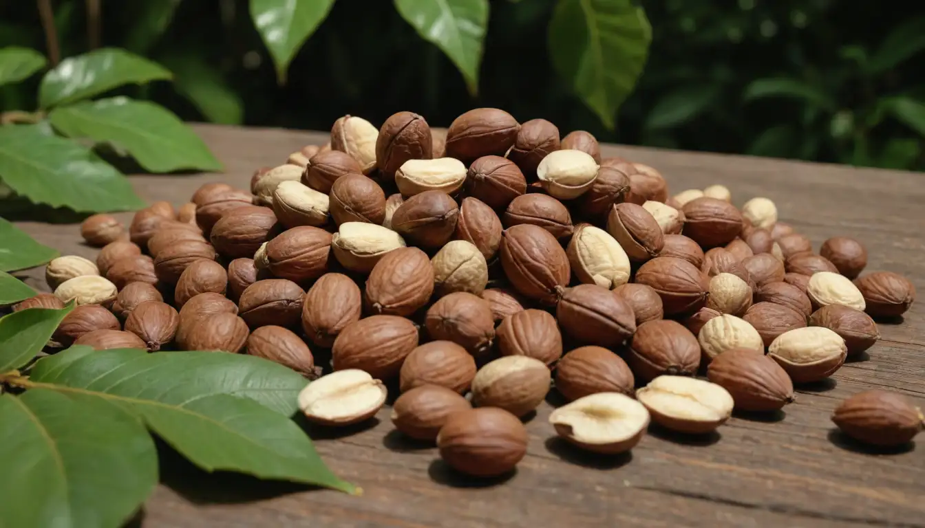 3-5 whole cajun nuts, possibly with a few broken or cracked ones in the background, surrounded by lush green leaves, perhaps with some fruit hanging from branches, against a warm brown or beige background, and maybe a subtle natural texture to suggest wood grain or stone