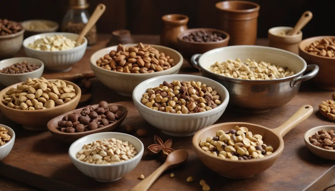 nuts, chocolate chips, turron pieces, pastries, mixing bowls, wooden spoons, kitchen utensils, golden brown colors, creamy textures, delicate patterns, traditional craftspeople, antique containers, aromatic spices, and a warm, inviting atmosphere