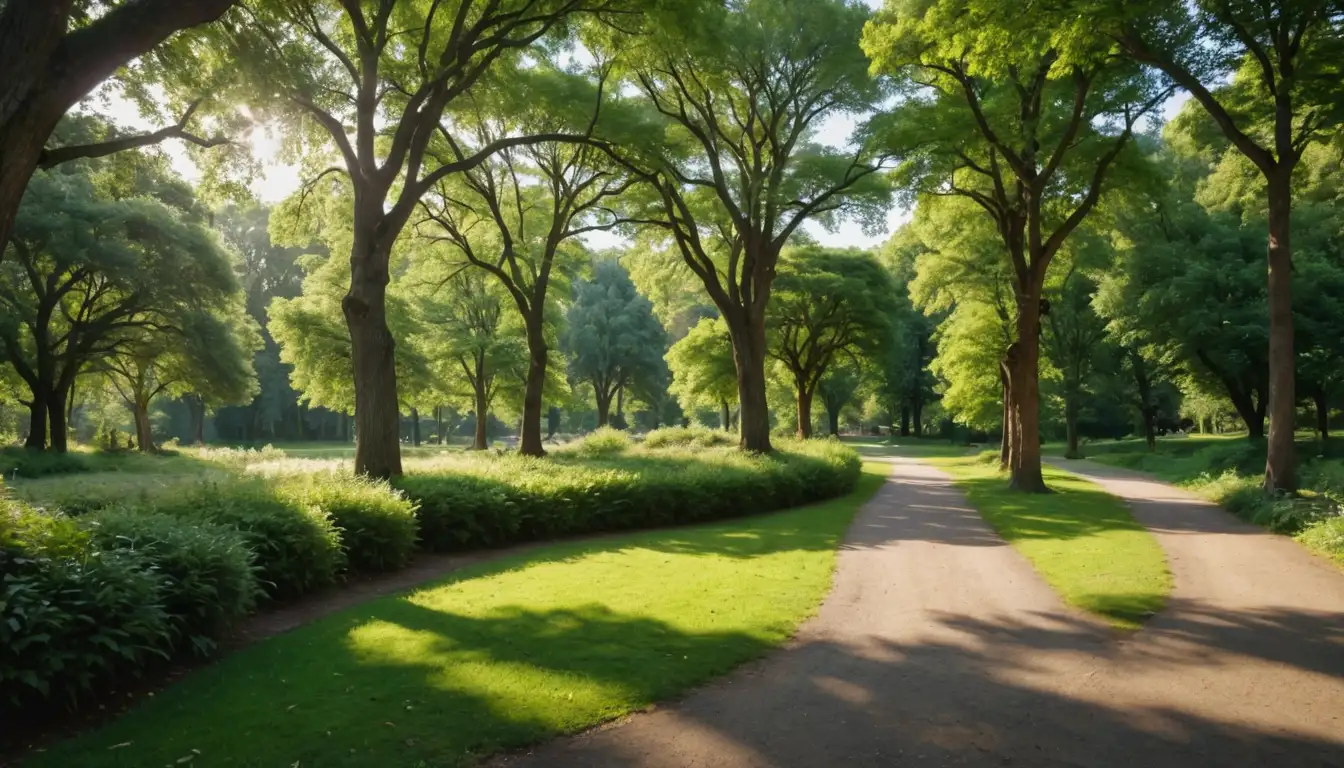 360-degree circular tree line with diverse tree species, varying shapes and sizes, surrounded by lush greenery, warm sunlight, and possibly some hidden pathways or benches, evoking serenity and harmony