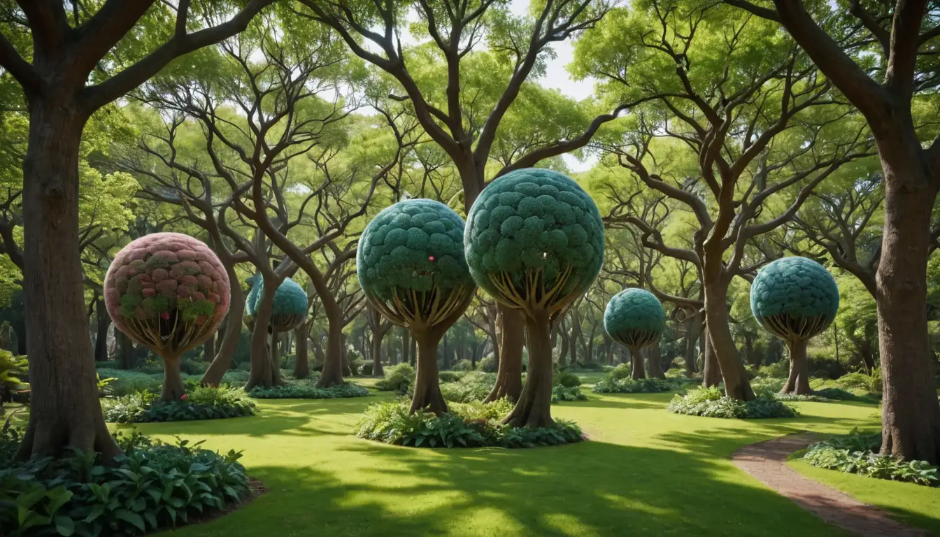 3D spherical trees with curved trunks, rounded canopy shapes, various species, lush foliage, diverse colors, intricate branching patterns, symmetrical arrangements, whimsical charm, eye-catching visual appeal