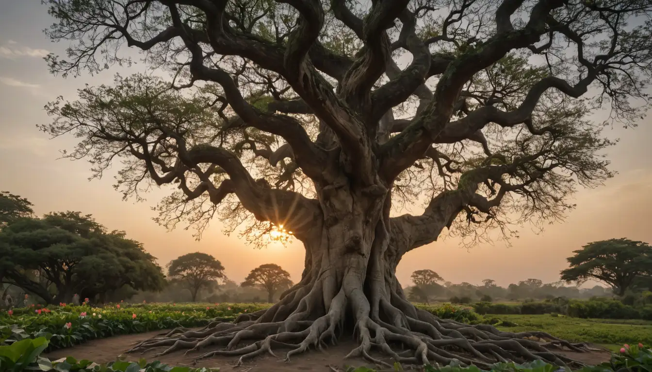 Ancient tree with gnarled branches, roots tangled in a snaking pattern, surrounded by lotus flowers, with birds nesting in nooks and crannies, set against a warm sunset background with wispy clouds, and an open doorway or portal at the trunks base