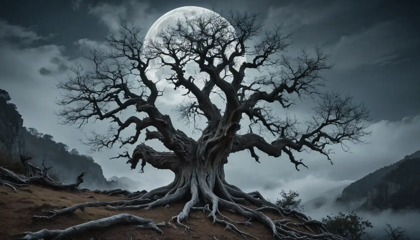 Ancient tree with gnarled branches, roots curling around a misty mountainside, full moon shining down, wispy clouds drifting by, subtle hints of eerie light emanating from within the trunk