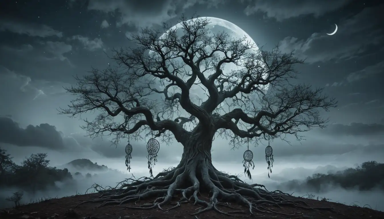 A mystical tree with glowing roots and branches, entwined by serpents, surrounded by misty clouds, with a crescent moon shining down, and leaves shaped like tiny dreamcatchers