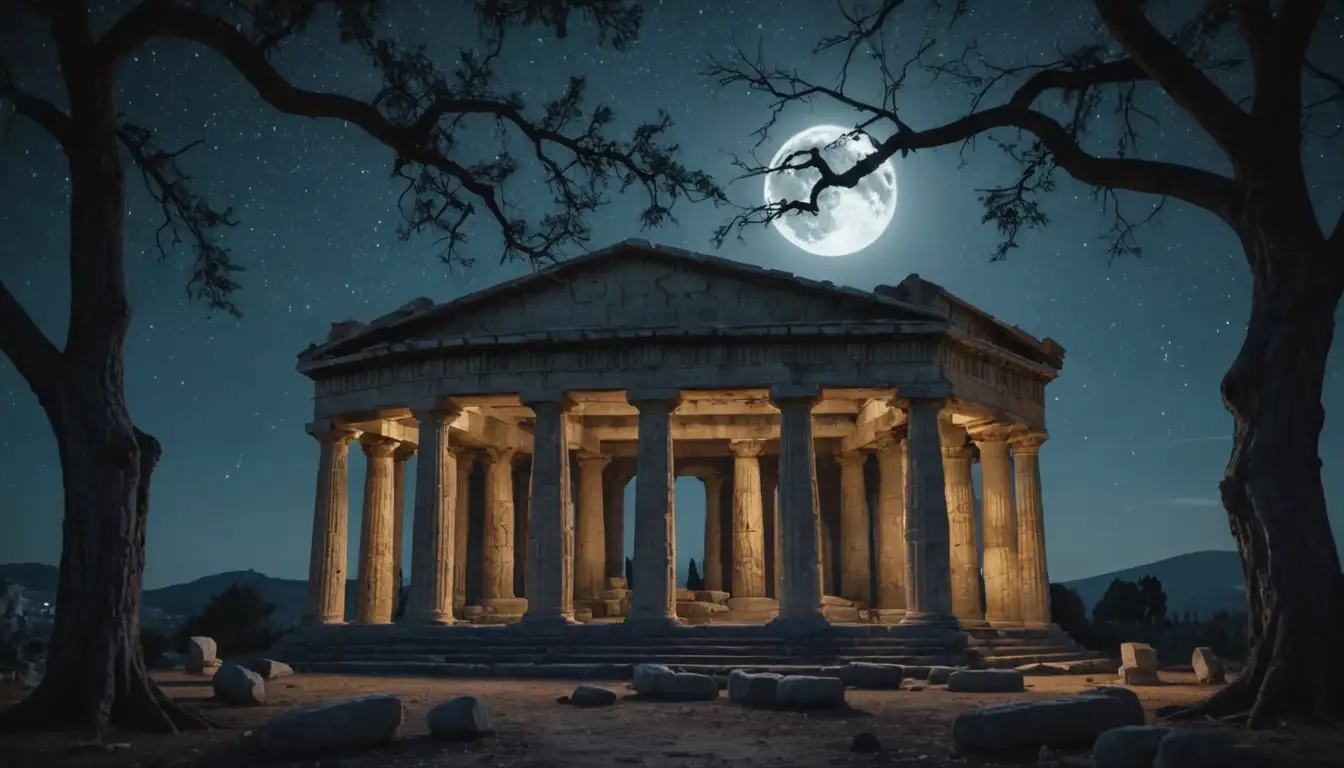 Ancient Greek or Roman temple at night, tree of dreams roots spreading from beneath columns, serpents or owls perched on branches, moon shining down, stars twinkling above, mystical aura surrounding the scene