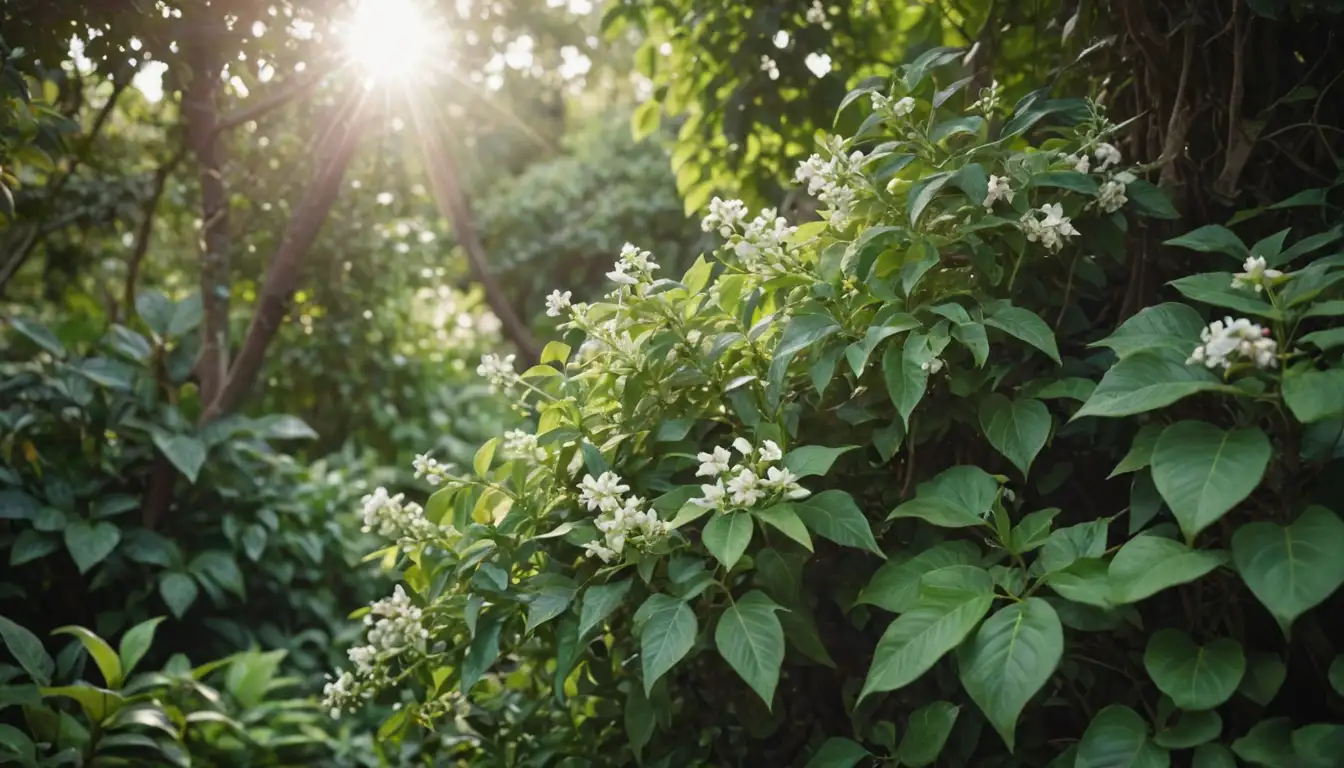 Variety of scented plants with different shapes and textures, including climbing vines, shrubs, and sprawling stems, amidst lush foliage, sunlight filtering through leaves, and soft focus highlights on blooms, against a subtle gradient background