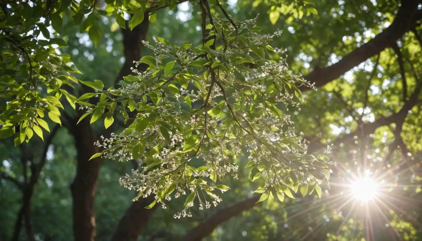 majestic tree with winged seeds, sunlight filtering through leaves, branches stretching upwards, seed pods releasing delicate wings, whimsical and dreamlike atmosphere