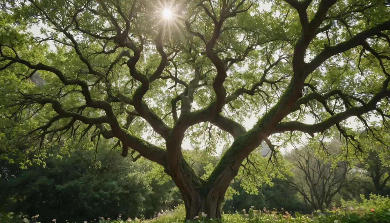 a majestic tree with winged seeds spread around it, soft greenery and flowers blooming at its base, sunlight filtering through leaves, delicate petal-like appendages on the seed pods, gentle curves of branches and trunk, earthy tones and subtle shading