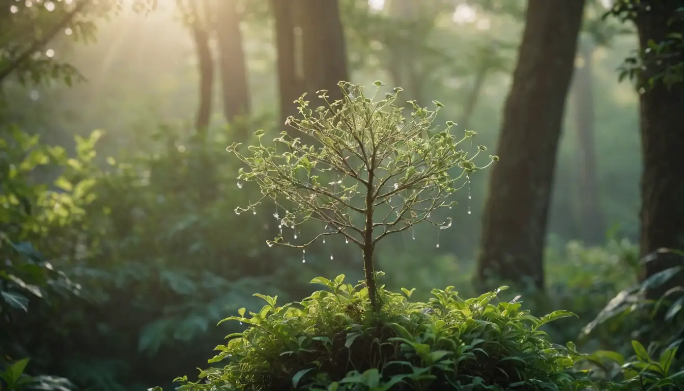 A sprouting tree with feather-light seeds floating off, against a backdrop of lush green foliage, amidst a gentle morning mist, with warm sunlight casting a glow on the scene