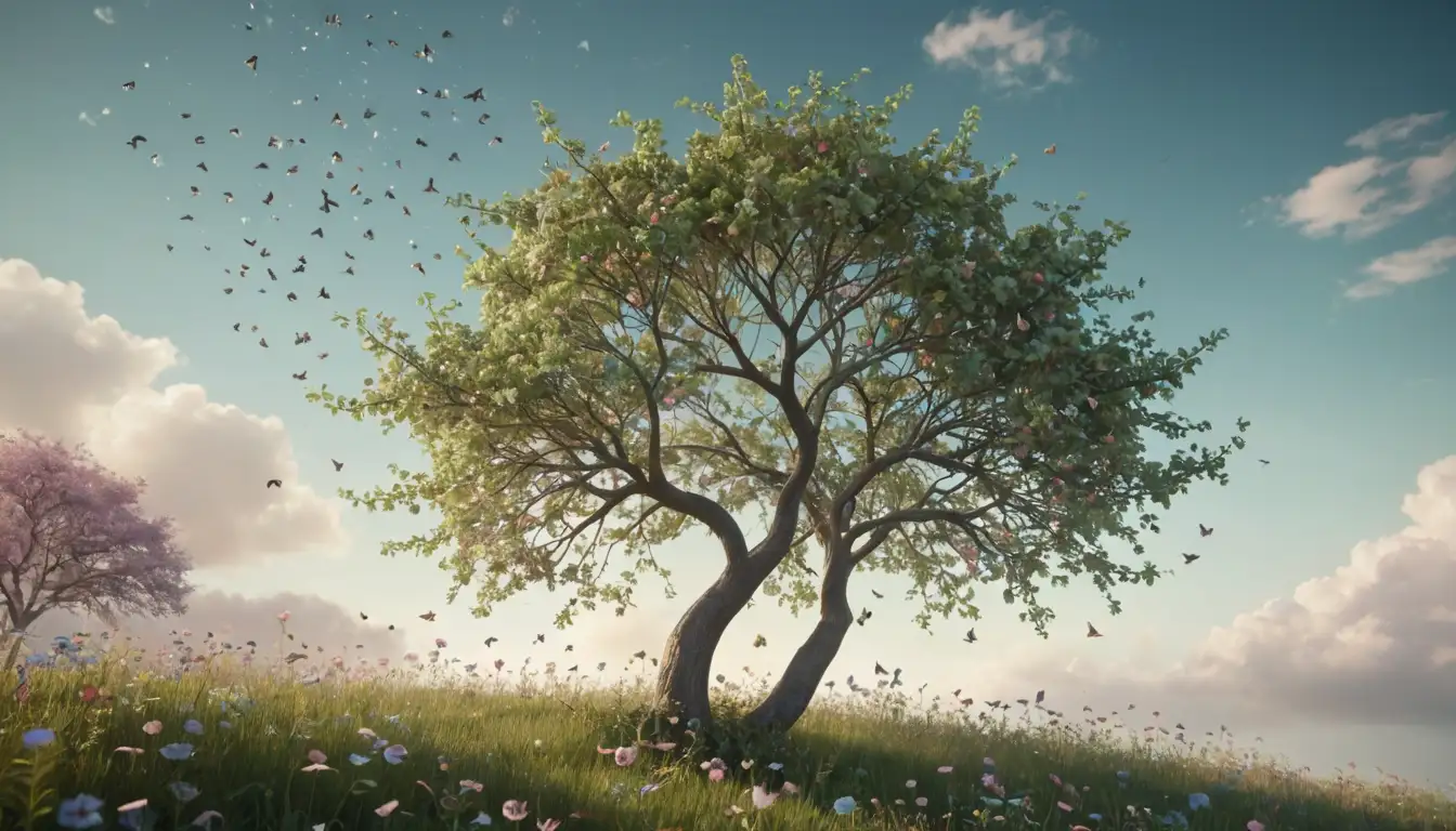 A whimsical illustration of a tree with seeds in flight, surrounded by fluttering leaves, delicate vines, and soft, misty clouds; a few birds or butterflies nearby; pastel-colored flowers scattered about; intricate branch patterns; and a dreamy, ethereal atmosphere