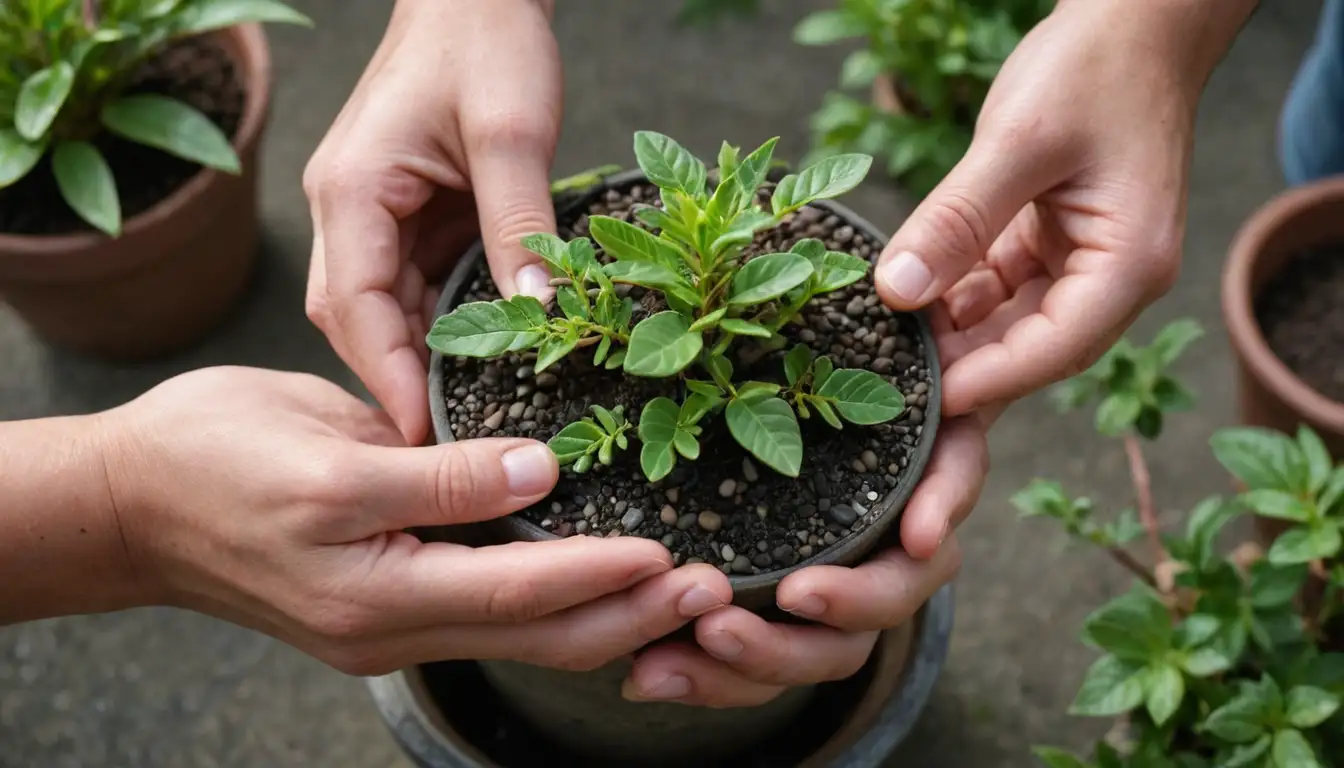 A close-up view of a persons hands holding a small potted shrub, with soil and decorative pebbles surrounding the pot, against a green or natural background, featuring various types of pots and plants in different stages of growth