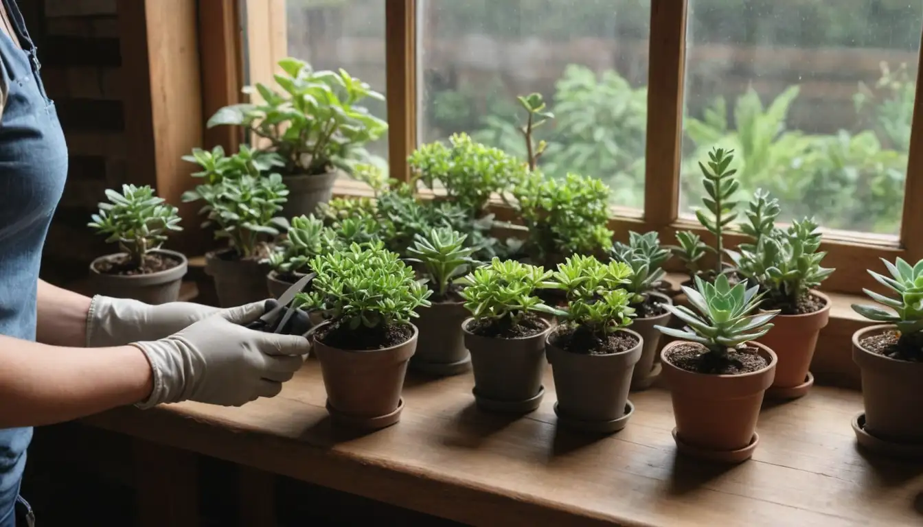 A person, hands holding small potted shrubs, indoor plants, terrariums, foliage, flowers, pots with drainage holes, soil, greenery, succulents, ornamental plants, gardening gloves, pruning shears, plant labels, rustic wooden table, vintage potting bench, natural light streaming through a window