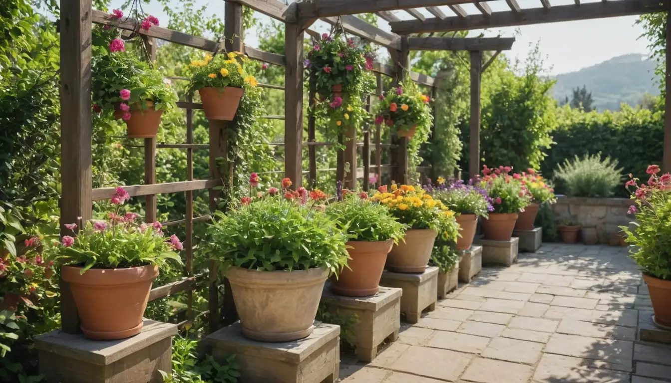 colorful flowers, greenery, ceramic pots, wooden trellis, sunny background, soft blur, rustic atmosphere, garden ornaments, foliage textures