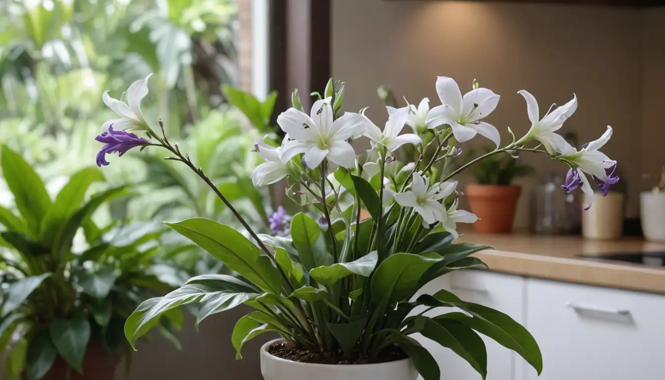 3-leafed tropical plant with white and purple flowers, delicate petals unfolding, lush green stems against a blurred background, possibly a kitchen or garden setting, with utensils or pots subtly visible, hinting at culinary uses