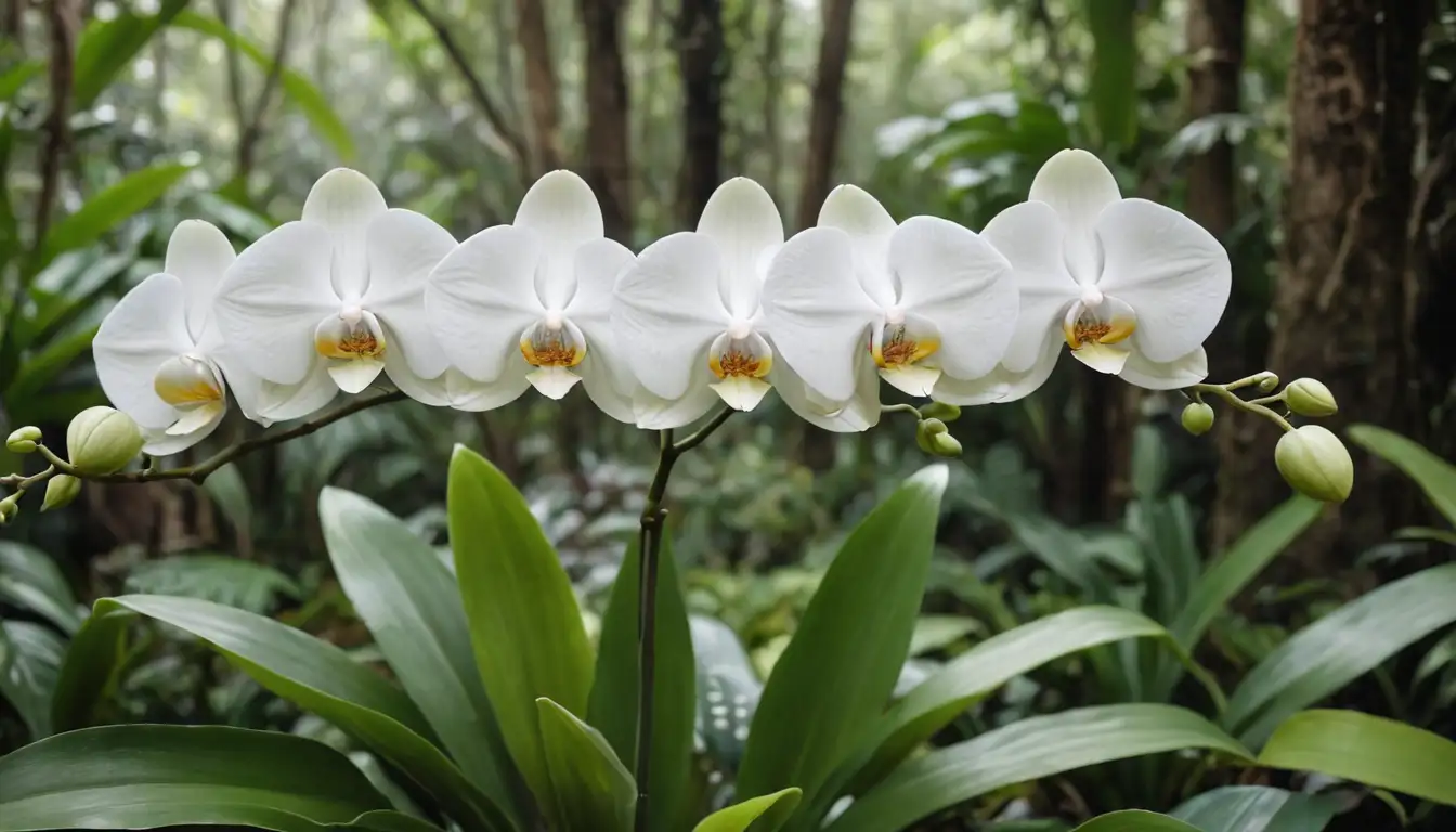 White petals, orchid shape, delicate stems, green leaves, tropical setting, lush foliage, serene background, possibly some water or mist, intricate details