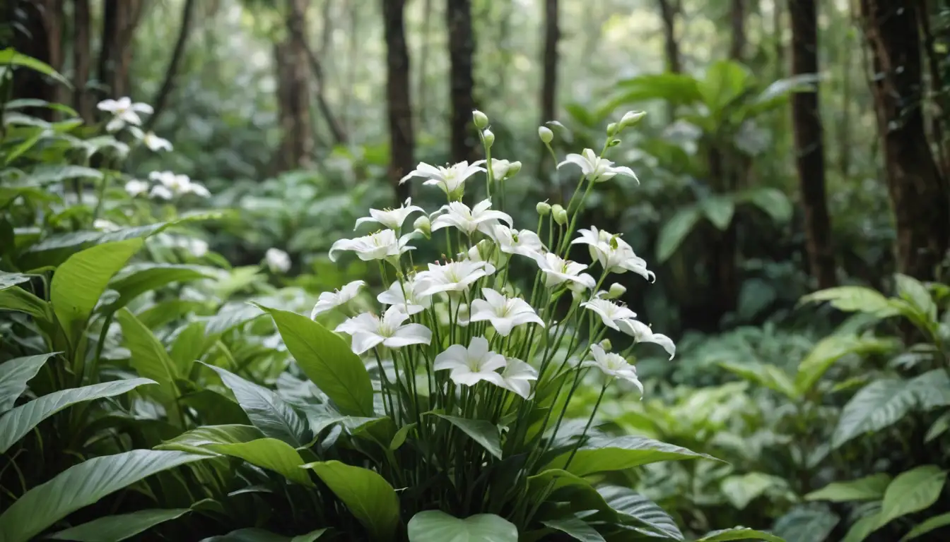 Delicate porcelain-like white flowers, green stems, lush foliage, tropical jungle background, misty atmosphere, serene ambiance, soft focus
