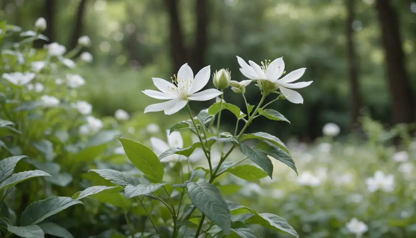 2D image, plants in foreground, white and green colors dominant, delicate petals, stem with leafy foliage, shallow focus on main flower, soft blurred background, natural setting, garden or forest environment