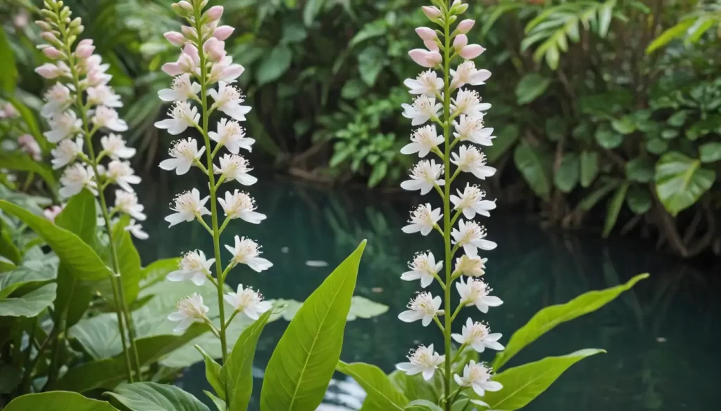 Delicate white flowers with pink stripes