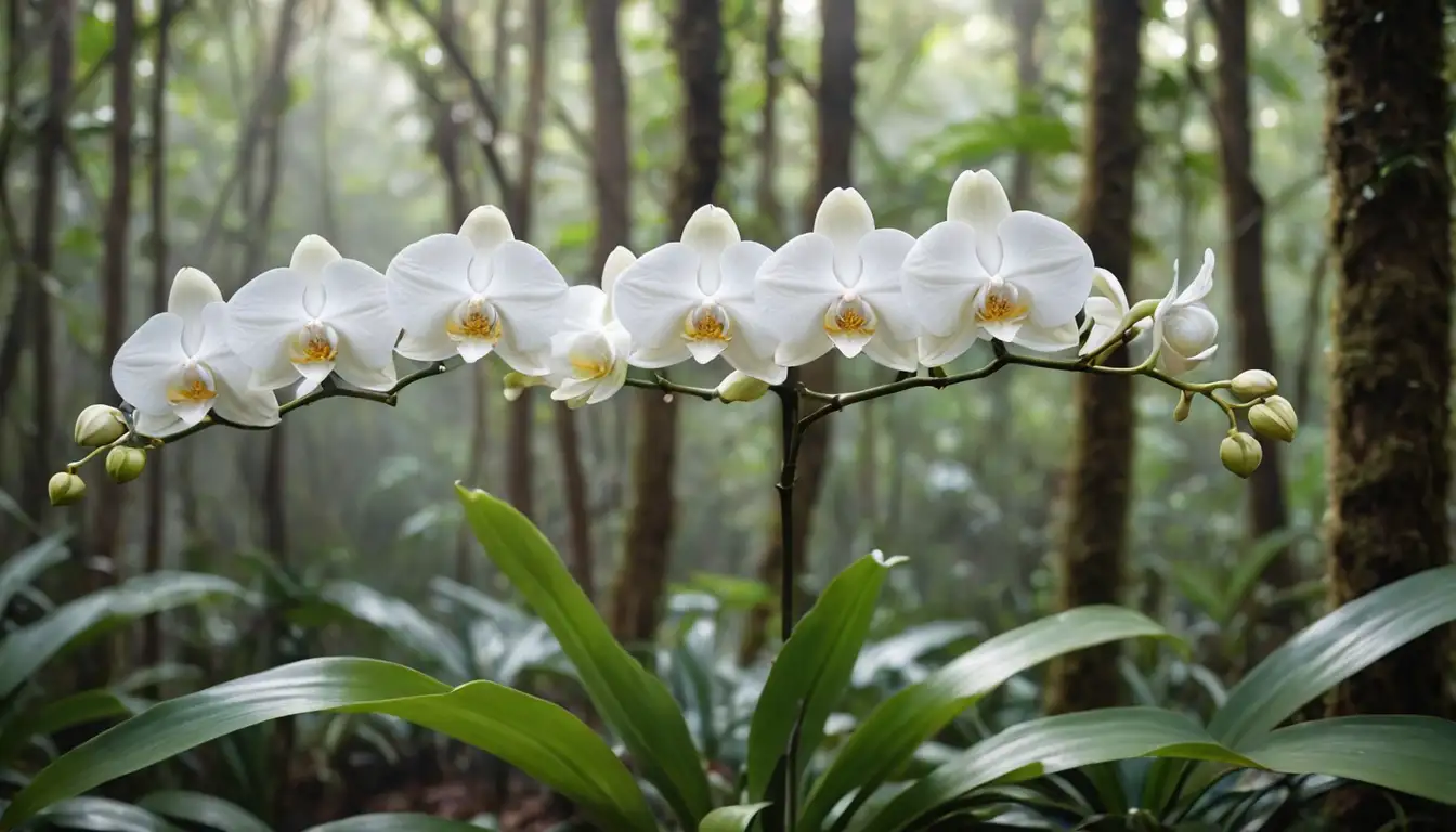 White orchid-like flowers, delicate stems, lush green leaves, tropical forest setting, misty atmosphere, bright sunlight filtering through canopy, serene natural environment, subtle hint of exoticness, vibrant colors