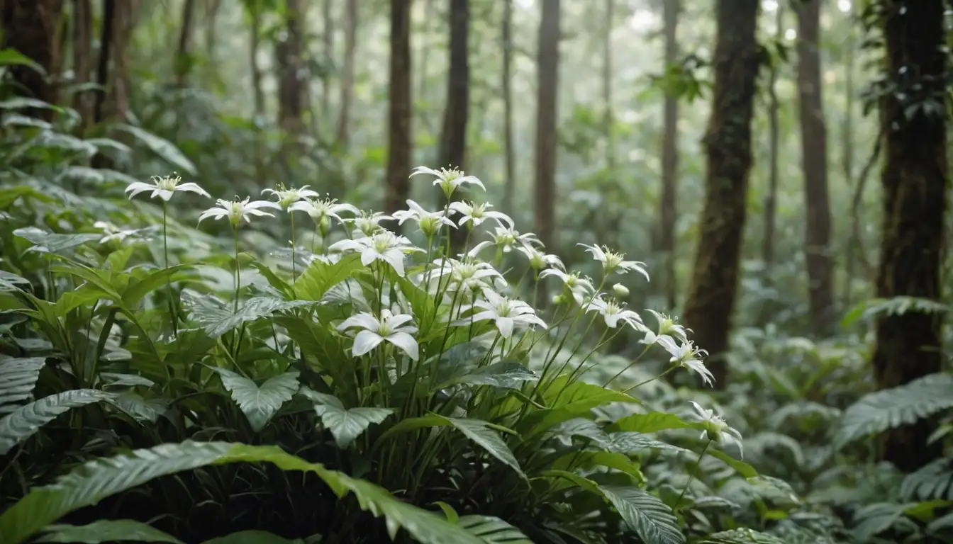 Delicate white flowers, slender stems, lush green leaves, tropical forest backdrop, misty atmosphere, subtle lighting, earthy tones