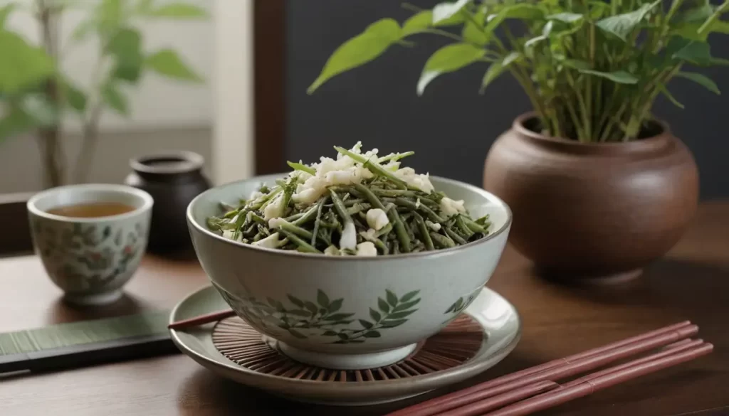 A bowl of puffed Japanese knotweed snacks surrounded by chopsticks