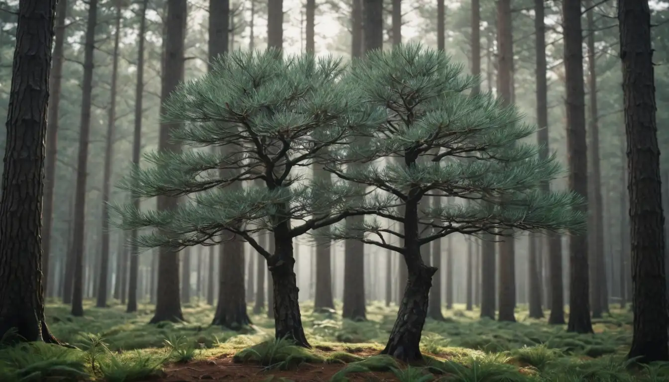 3D illustration of Japanese Black Pine, branchy tree with dark green needles, white trunks and roots, growing naturally in a forest, surrounded by other coniferous trees and underbrush, with subtle sunlight filtering through gaps, depicting winter or spring landscape