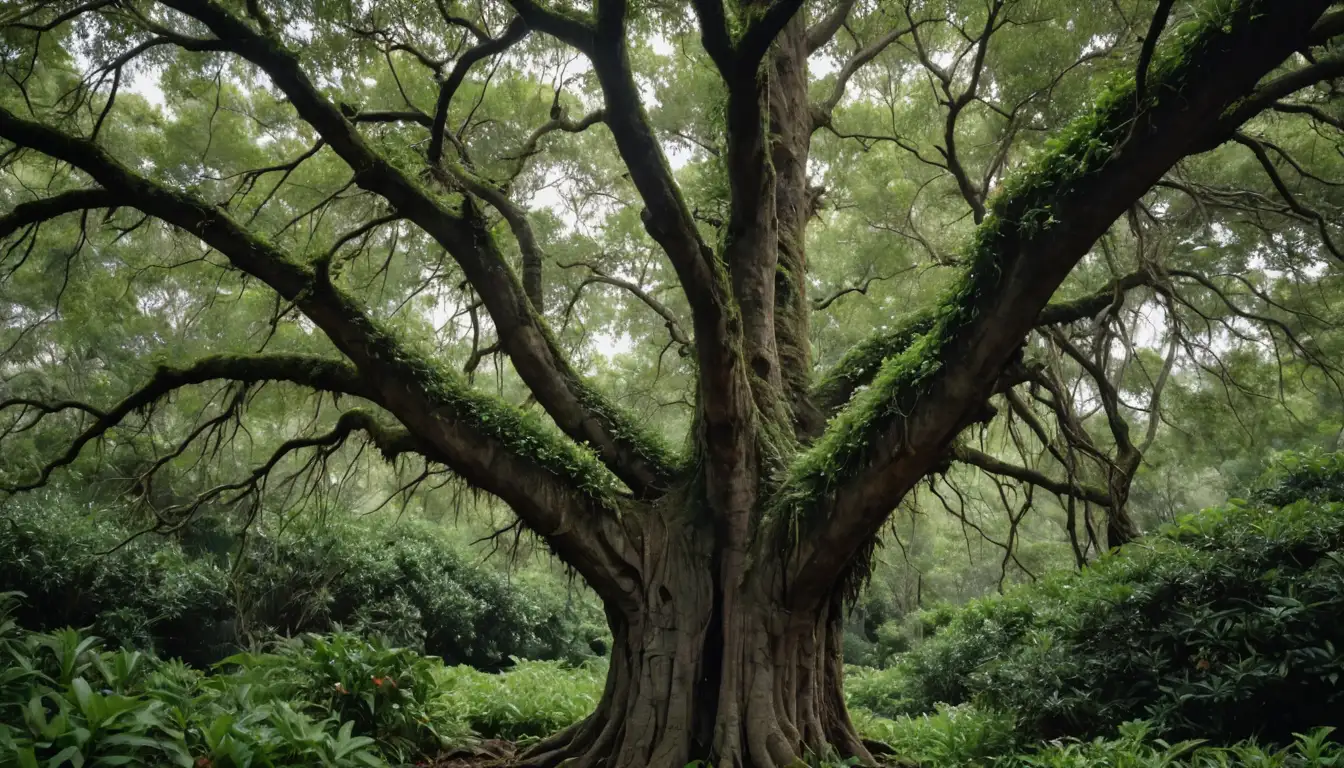A photograph of a mature tree with a straight trunk and spreading canopy,  surrounded by lush greenery,  leaves with dark green topside and light yellow underside,  small white flowers and orange berries,  rugged bark texture,  trunk base enveloped in epiphytic plants