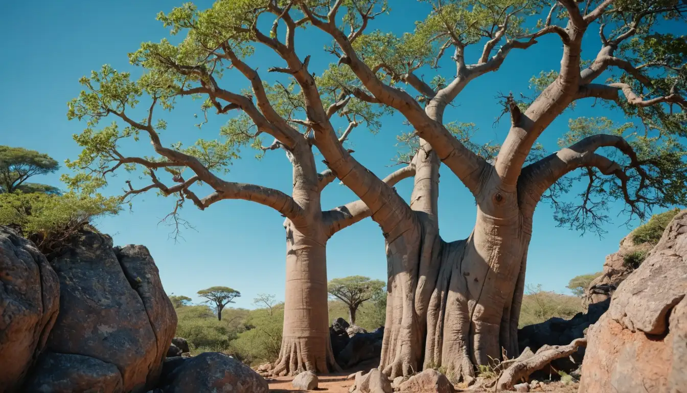 Small, delicate baobab tree with gnarled trunk, twisted branches, and sparse leaves, set against a bright blue or green background, surrounded by decorative rocks or moss