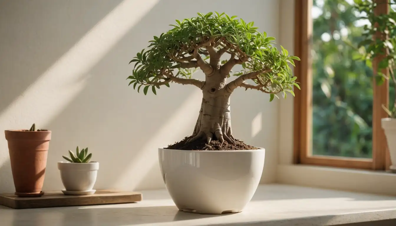 A small potted baobab tree, delicate roots wrapped around a white ceramic pot, surrounded by lush greenery, soft morning sunlight, and a few scattered bonsai tools, showcasing the miniature trees unique shape and texture, with subtle hints of pruning and shaping efforts