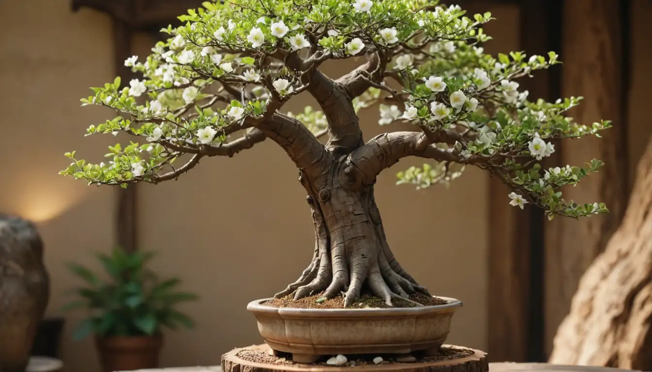 3D bonsai tree with a baobab trunk, branches pruned to shape, green leaves scattered around base, white flowers or pods hanging from tree, miniature figurine of an animal near by, warm light and natural textures, earthy tones, rustic setting
