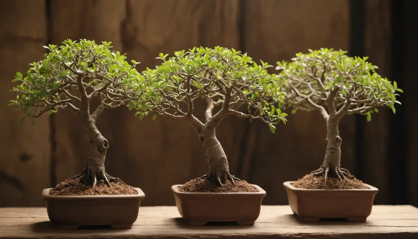 Miniature bonsai baobab trees, delicate branches, trunk shapes, artistic pruning, greenery, flowers, wire framework, wooden or plastic containers, brown soil, rustic atmosphere, serene environment, soft lighting