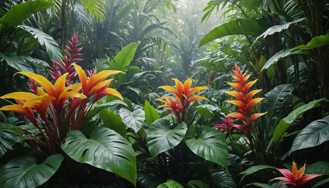 Colorful, lush, tropical foliage, vibrant flowers, intricate patterns, exotic leaves, bright colors, whimsical shapes, delicate tendrils, and a hint of misty atmosphere
