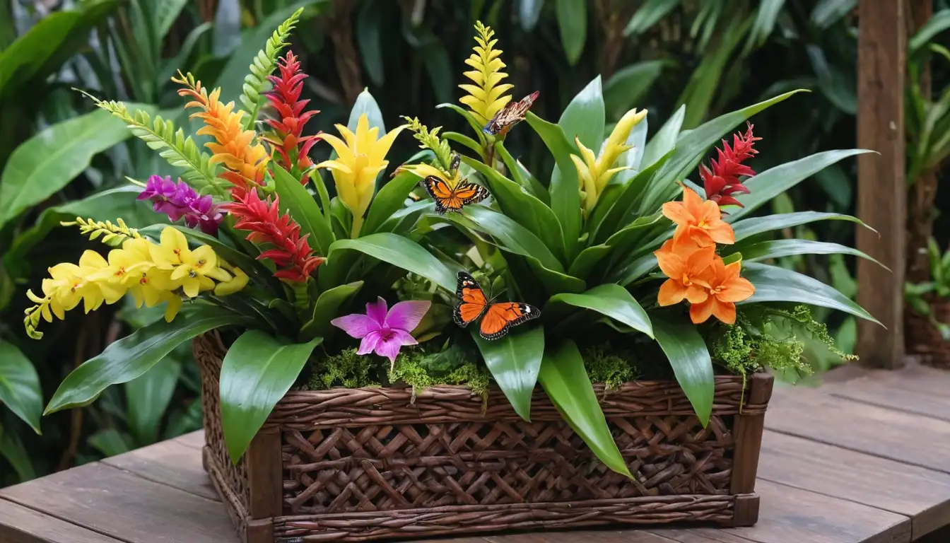 Colorful bromeliad flowers, lush green leaves, exotic tropical plants, vibrant orchids, and bright yellow blooms surrounding a whimsical wooden planter box with a wicker basket filled with juicy fruits, a few butterflies fluttering around