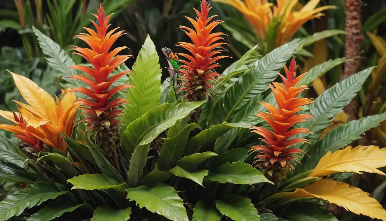 Colorful tropical plants with bright green leaves, feathery plumes, and vibrant flowers, set against a warm yellow or orange background, featuring insects such as ants, aphids, or spider mites crawling on the plant surfaces, highlighting the importance of pest control in bromeliad cultivation